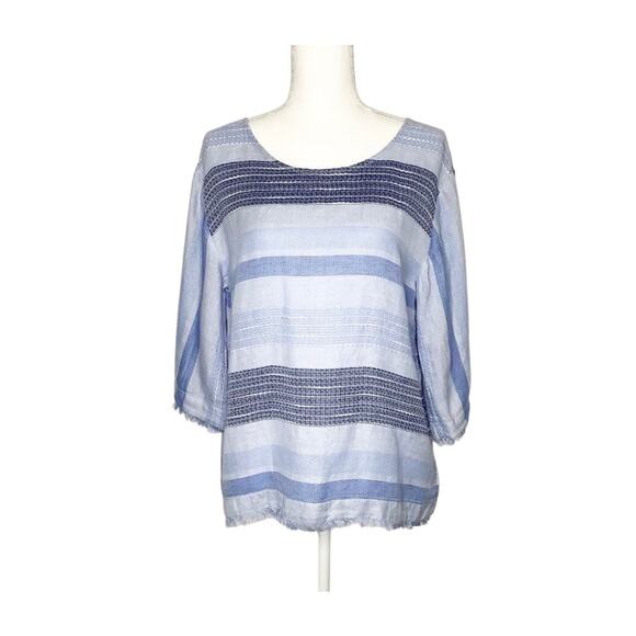 Cloth & Stone Blue Linen Blend Embroidered Striped Keyhole Tie Top Small - Picture 1 of 7